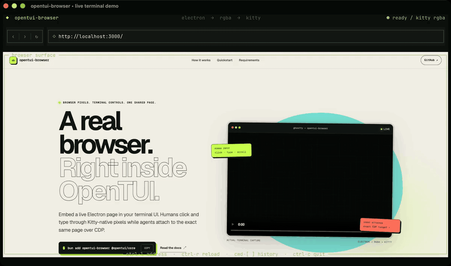 A real opentui-browser session running in Ghostty, scrolling the shared page